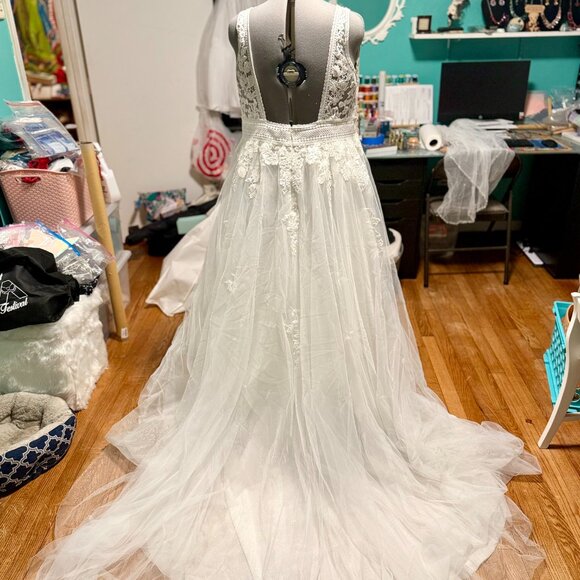 Embroidered V-Neck Wedding Dress with Tulle Skirt - Picture 2 of 6